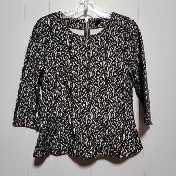 J. Crew Tops - J. Crew Black White Floral Lace Peplum Top 3/4 Sleeve Exposed Zipper 07962 Small